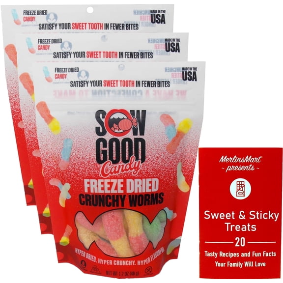 Freeze Dried Candy - Crunchy Worms (1.7 Ounces) - 3 Count + MerlinsMart Zine | Sow Good