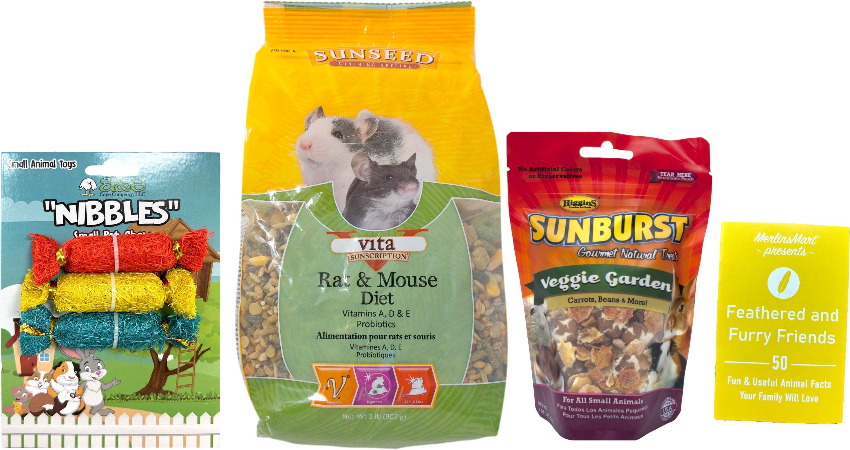 Sunseed Vita Sunscription Rat & Mouse Diet (2 Lbs) with Sunburst Veggie Garden Treats (5 Ounces) and Chews + MerlinsMart Zine
