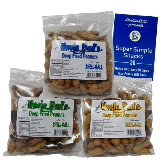 Uncle Bud's Deep Fried Peanuts 3 Flavors - (1) Each: Salted, Cajun, Garlic (7 Ounces) + MerlinsMart Zine