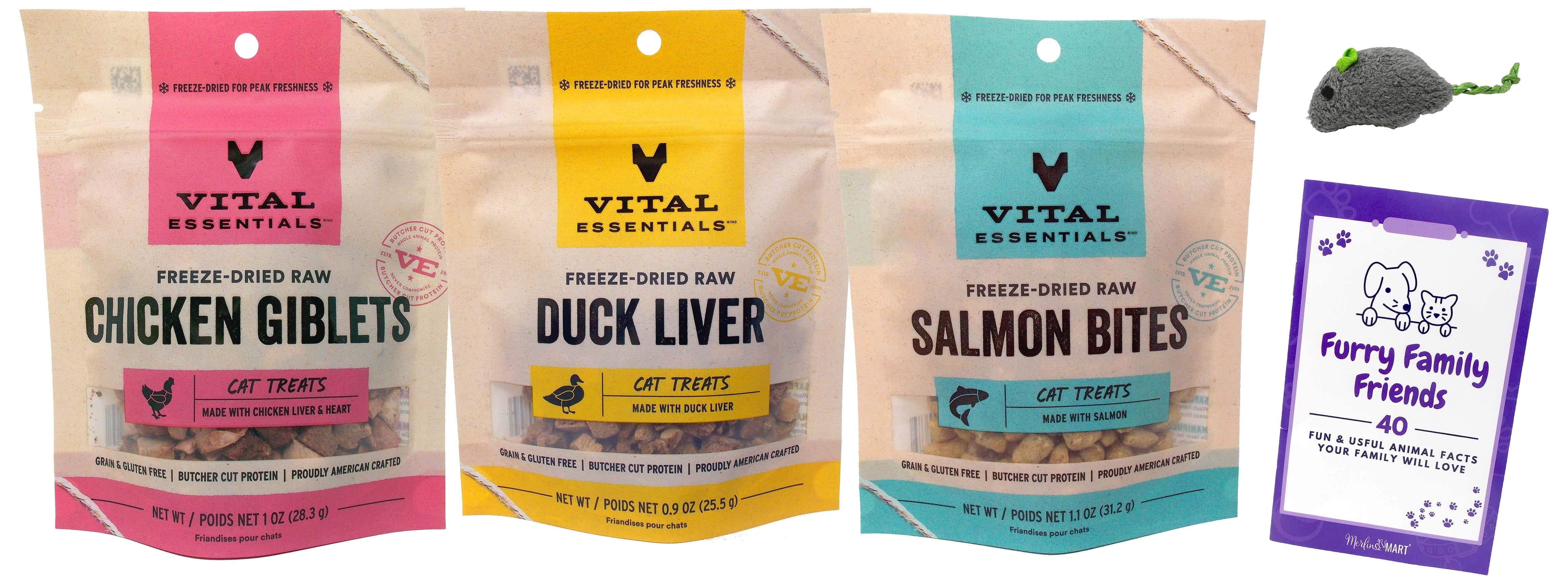 Vital Essentials VitalCat Freeze-Dried Raw Cat Treats 3 Flavors (1) Each: Salmon, Duck Liver, Chicken Giblets | MerlinsMart Zine + Cat Toy