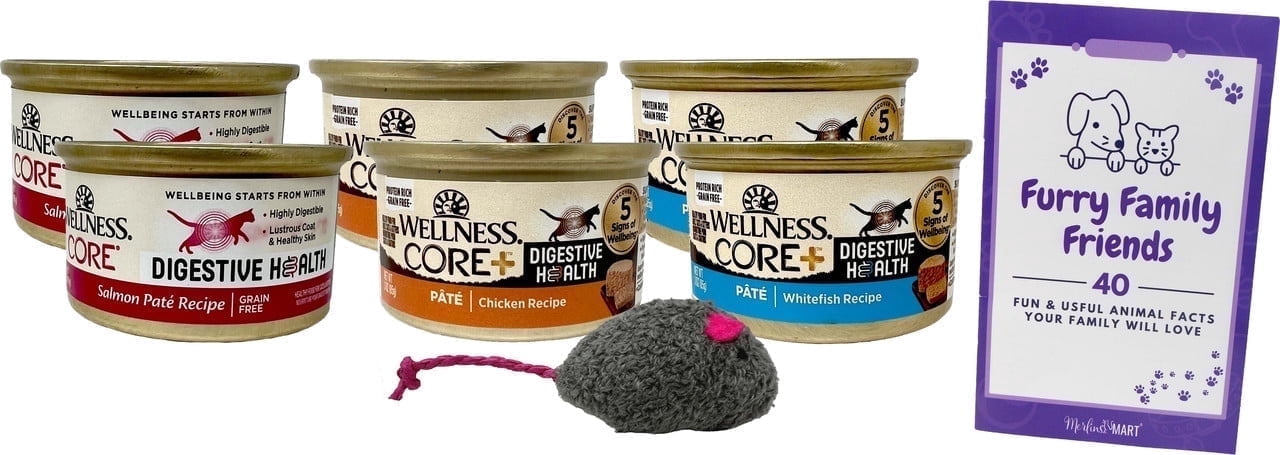Grain-Free Pate Cat Food, Digestive Health - 3 Flavor (2) Each: Salmon, Whitefish, Chicken (3 Ounces) MerlinsMart Zine | Catnip Toy | Wellness CORE