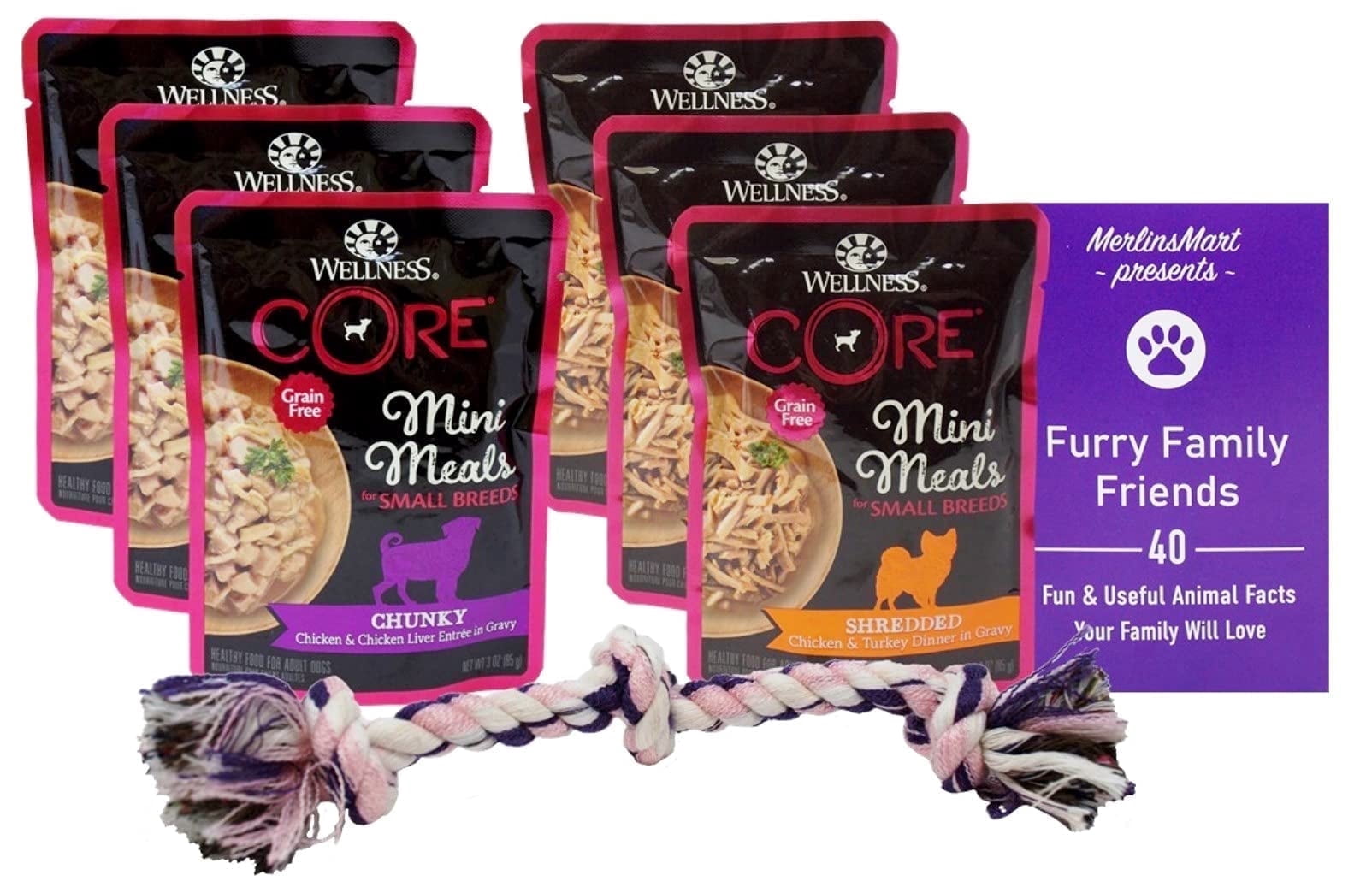 Small-Breed Dog Food, Mini Meals 6 Pouch Variety - (3) Each: Chunky Chicken Liver, Shredded Chicken Turkey Gravy (3 Ounces) MerlinsMart Zine | Rope Toy | Wellness Core