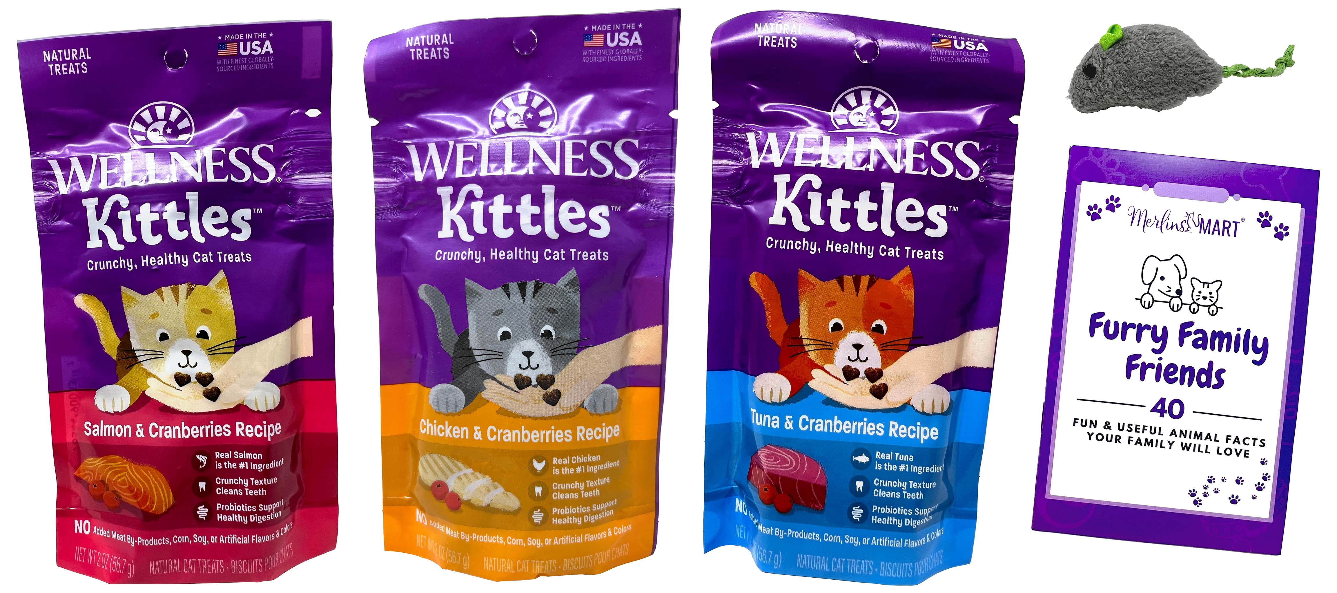 Wellness Kittles Grain Free Cat Treats with Cranberries 3 Flavor Variety (1) Each: Chicken, Tuna, Salmon + MerlinsMart Zine | Catnip Toy