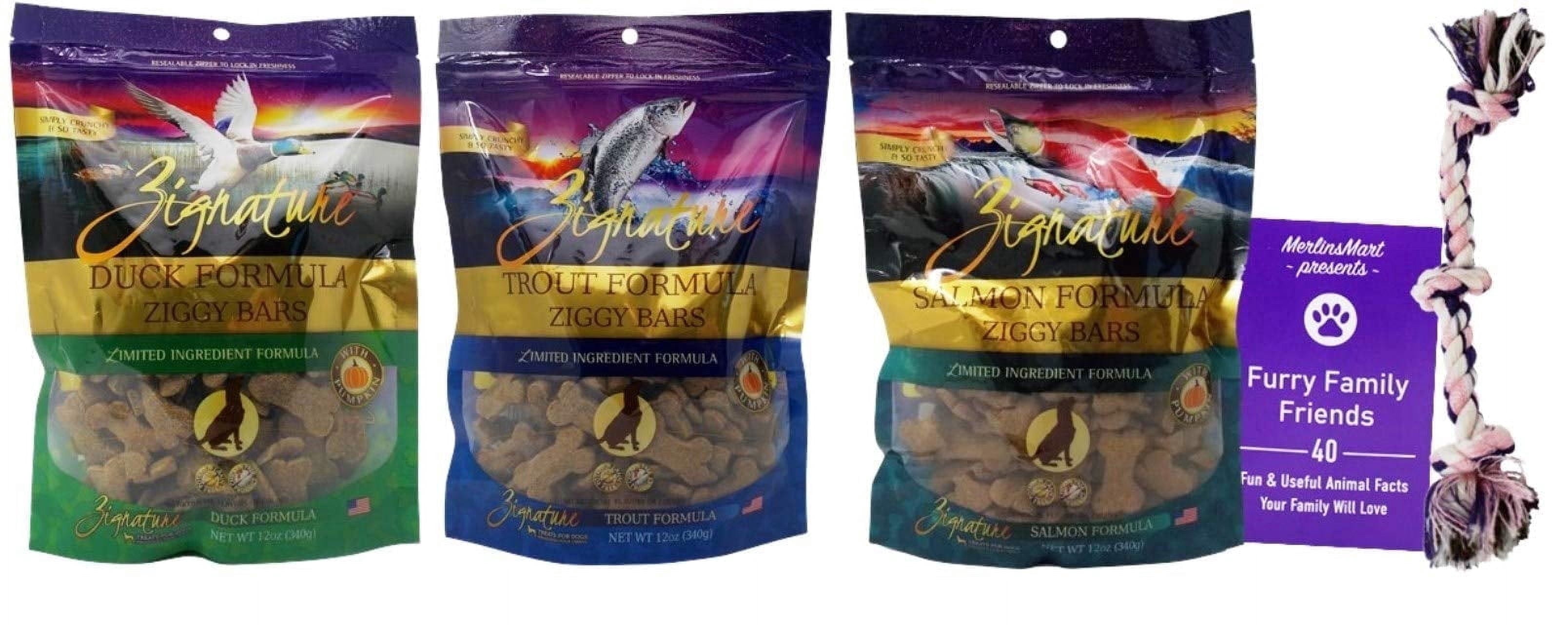 Dog Treats Ziggy Bars 3 Flavor (1) Each: Trout, Salmon, Duck | MerlinsMart Zine & Rope Toy | Zignature