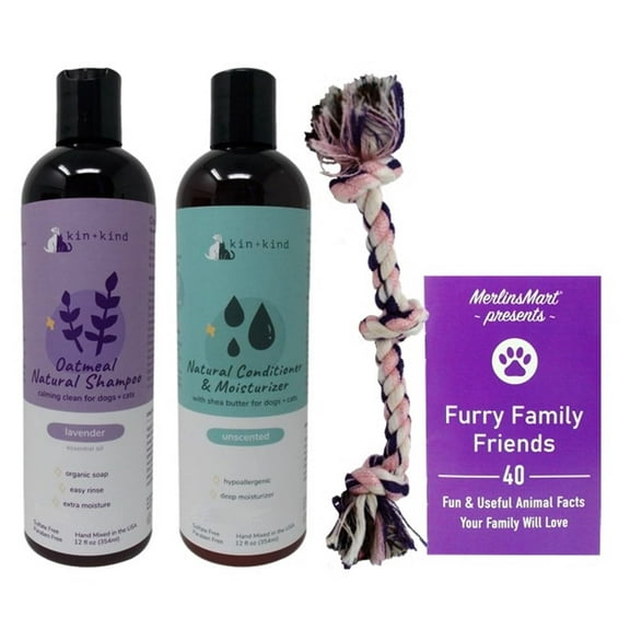 Kin+Kind Natural Dog Cat Shampoo and Conditioner Combo - Oatmeal Lavender Shampoo, Unscented Shea Butter Moisturizing Conditioner (12 Ounces) | MerlinsMart Zine + Rope Toy
