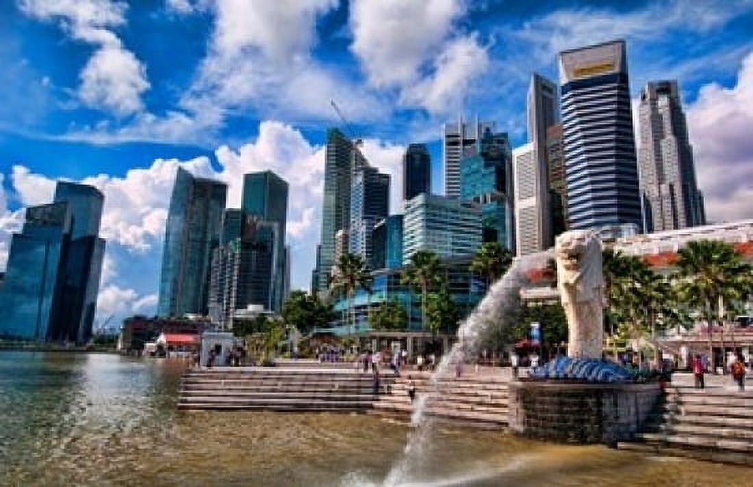 Merlion symbol of Singapore and downtown skyline in Fullerton area of Clarke Quay Canvas Art - Bill Bachmann DanitaDelimont (36 x 24)