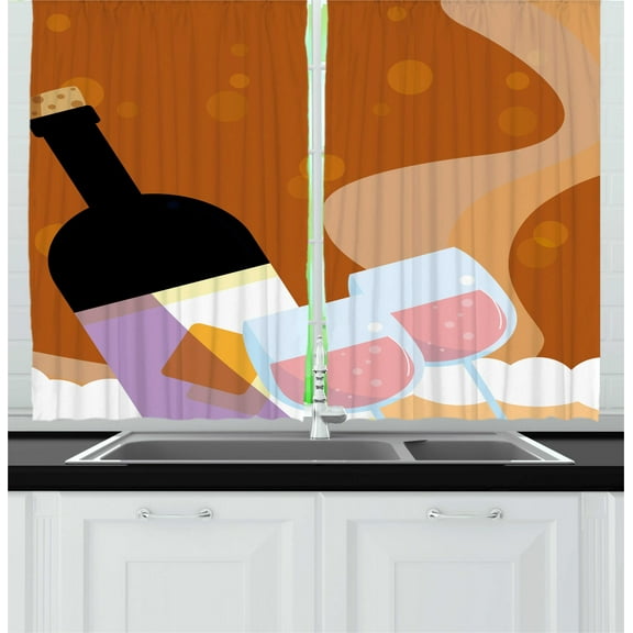 Merlot Curtains 2 Panels Set, Rose Wine Bottle Glasses Bubbles Background Cartoon, Window Drapes for Living Room Bedroom, 55"W X 39"L,Cinnamon Pale Pink Almond and Pale Lilac, by Ambesonne