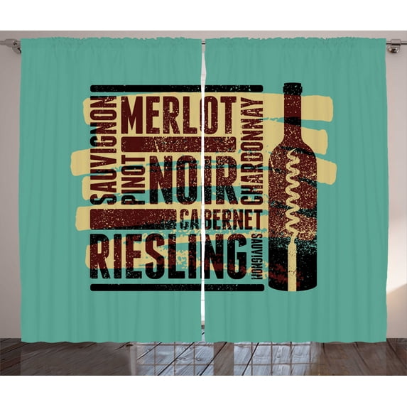 Merlot Curtains 2 Panels Set, Wine Grapes Types Typography Vintage Grungy Print, Window Drapes for Living Room Bedroom, 108"W X 90"L,Cadet Blue Dark Maroon and Pale Yellow Green, by Ambesonne