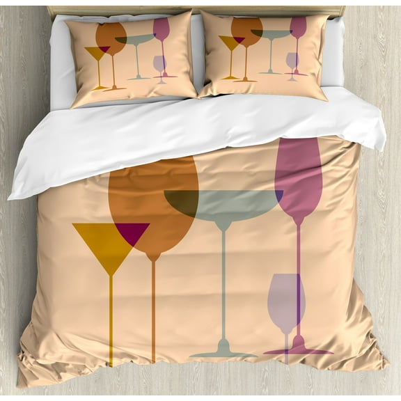 Merlot Duvet Cover Set, Wine Glasses Silhouette Martini Glass Grain Look Print, Decorative 3 Piece Bedding Set with 2 Pillow Shams, Calking Size, Peach Multicolor, by Ambesonne