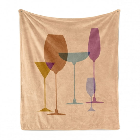 Merlot Soft Flannel Fleece Throw Blanket, Wine Glasses Silhouette Martini Glass Grain Look Print, Cozy Plush for Indoor and Outdoor Use, 50" x 70", Peach Multicolor, by Ambesonne