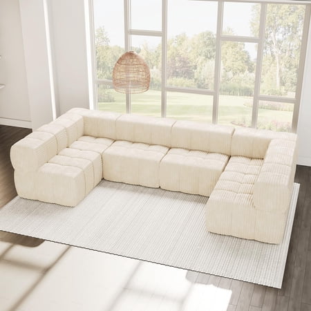 Merluxy 144" Modular Sectional Sofa Couch Chaise Lounge Cloud Sofa Set for Living Room, 6 Seat,Corduroy,Beige