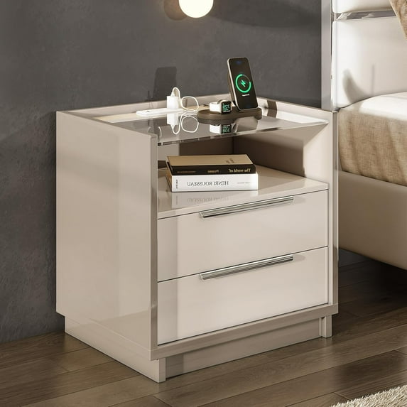 Merluxy 23.6" High Gloss End Table with Glass Tabletop, Modern Bedside Table with Charging Station, 2 Drawers Nightstand for Bedroom, White&Gray