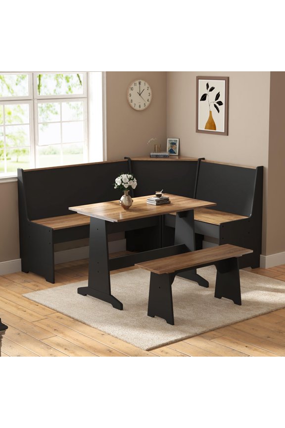 3-Piece Breakfast Nook Dining Set, L-Shaped Corner Bench with Hidden Storage, Space-Saving Kitchen Table Set for Small Spaces, Black & Oak