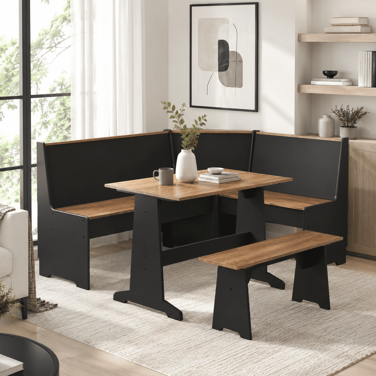 Merluxy Breakfast Nook Corner Dining Table Set with Hidden Storage, L-Shaped Black Kitchen Chairs for Small Spaces, Oak