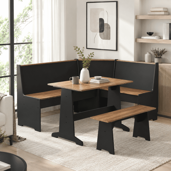 Merluxy Breakfast Nook Corner Dining Table Set with Hidden Storage, L-Shaped Black Kitchen Chairs for Small Spaces, Oak