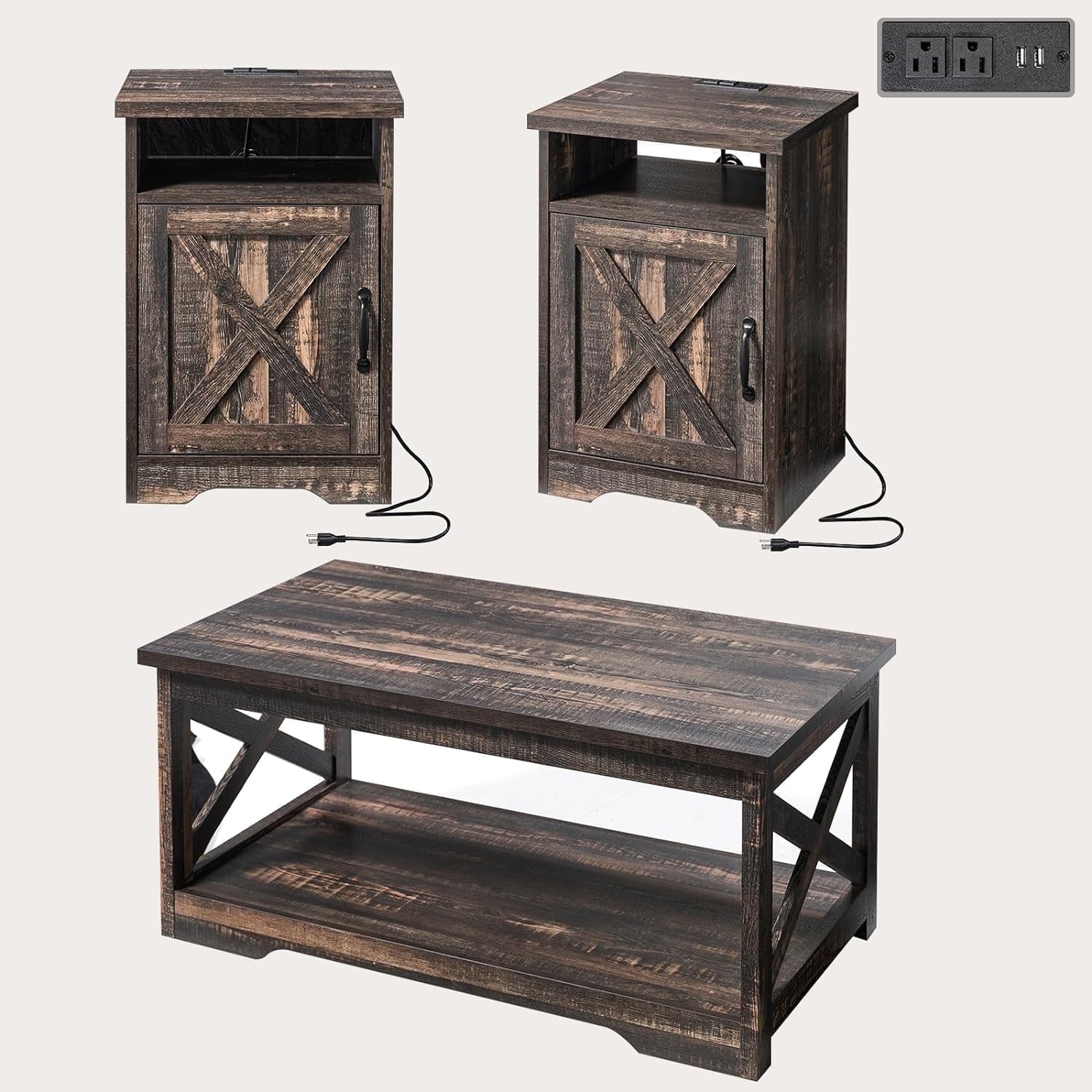 Dark Oak Farmhouse Coffee Table and End Tables Set with Charging Station