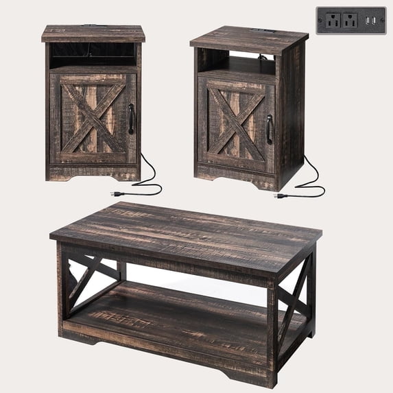 Merluxy 3-Piece Farmhouse Table Set Includes Coffee Table& Two End Tables with Charging Station,Dark Oak