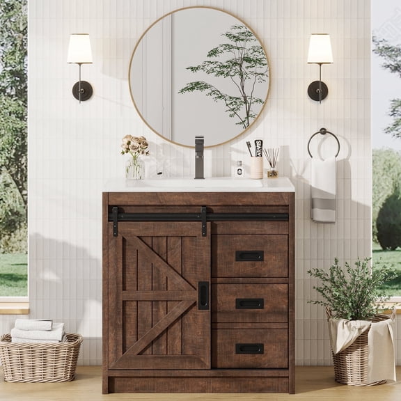 Merluxy 31" Sliding Barn Door Bathroom Vanity with Sink, Farmhouse Small Single Bath Vanity, Brown