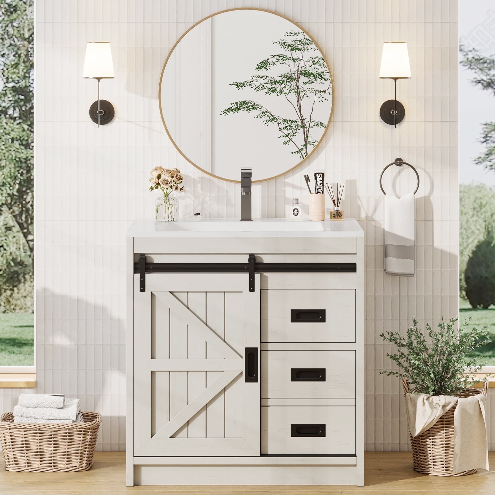 Merluxy 31" Sliding Barn Door Bathroom Vanity with Sink, Farmhouse Small Single Bath Vanity, White