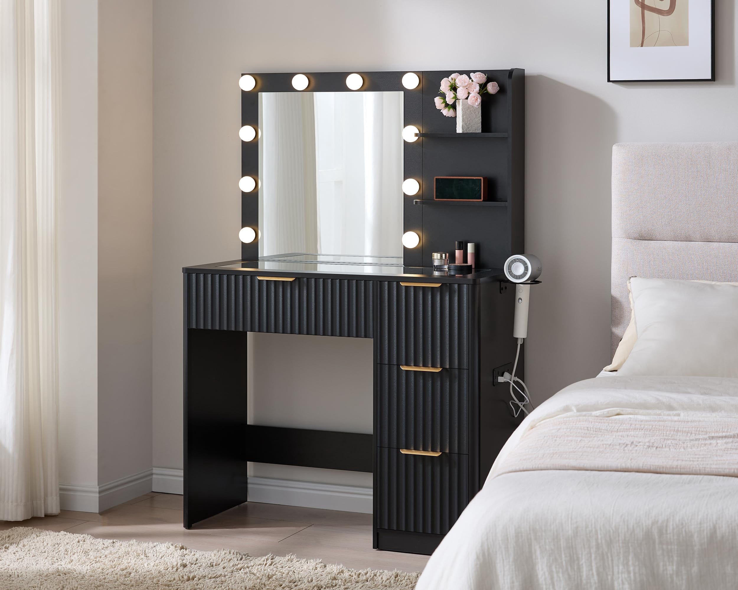 Merluxy 36.2" Girls Vanity Desk with Mirror and Adjustable LED Lights, 4 Drawers Makeup Table with Glass Top and Charging Station, Black