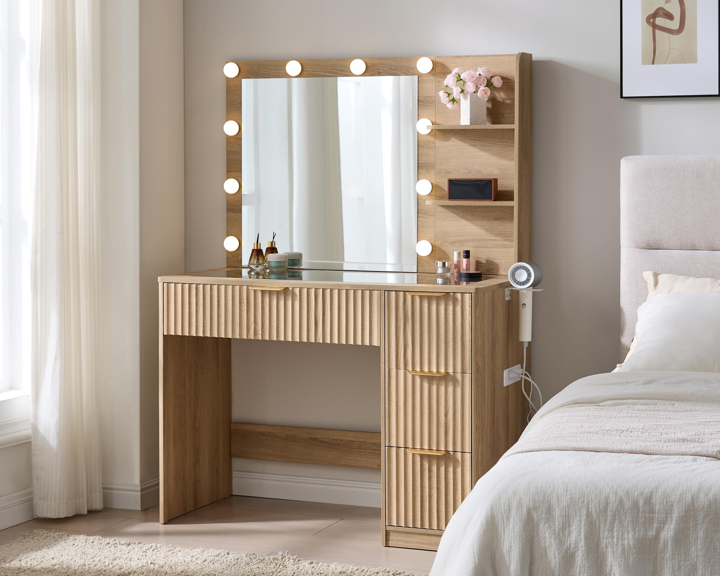 Merluxy 36.2" Girls Vanity Desk with Mirror and Adjustable LED Lights, 4 Drawers Makeup Table with Glass Top and Charging Station, Oak