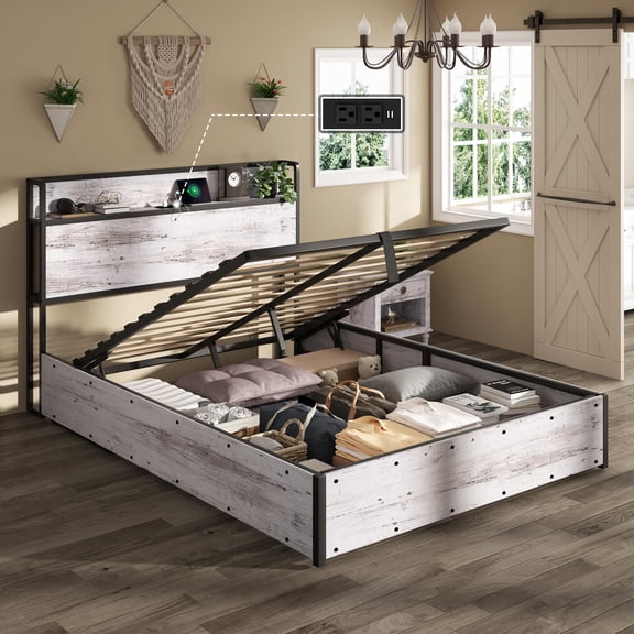 Merluxy 39"H Queen Size Lift Up Storage Bed Frame, Wooden Platform Bed Frame with Lifting Storage & Charging Station, White Birch