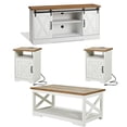 thumbnail image 1 of Merluxy 4 Pieces Farmhouse Living Room Table Sets, 66" Sliding Barn Door TV Stand, Coffee Table & 2 End Tables with Charging Station, Barnwood & White, 1 of 9