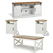 Merluxy 4 Pieces Farmhouse Living Room Table Sets, 66" Sliding Barn Door TV Stand, Coffee Table & 2 End Tables with Charging Station, Barnwood & White