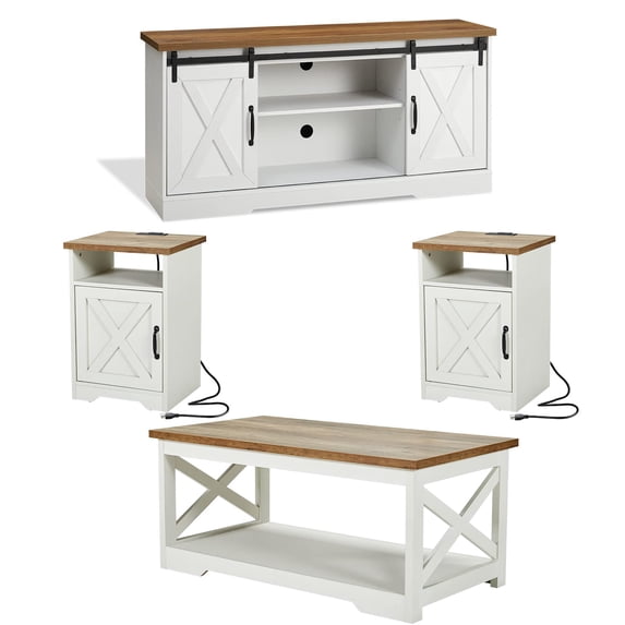 Merluxy 4 Pieces Farmhouse Living Room Table Sets, 66" Sliding Barn Door TV Stand, Coffee Table & 2 End Tables with Charging Station, Barnwood & White