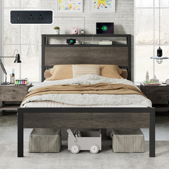 Merluxy 42.5"H Twin Size Bed Frame with Storage Headboard & Charging Station, Industrial Metal Platform Bed with Large Under-Bed Storage, Rustic Grey