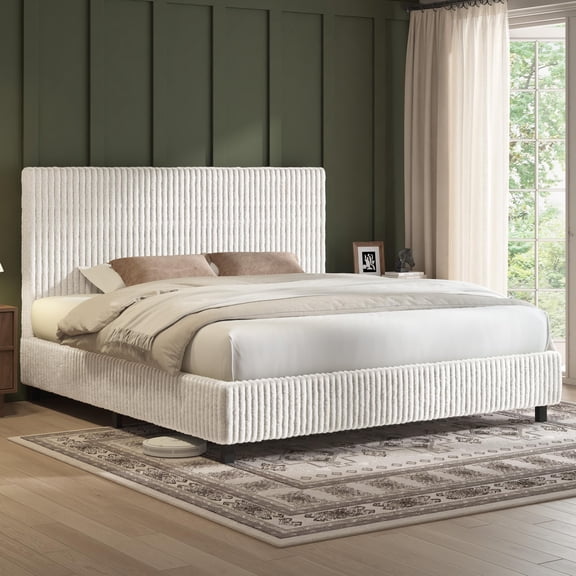 Merluxy 43.7"H King Bed Frame, Upholstered Metal Platform Bed with Vertical Channel Tufted Headboard, Soft Fabric & Strong Metal Slats, Cream