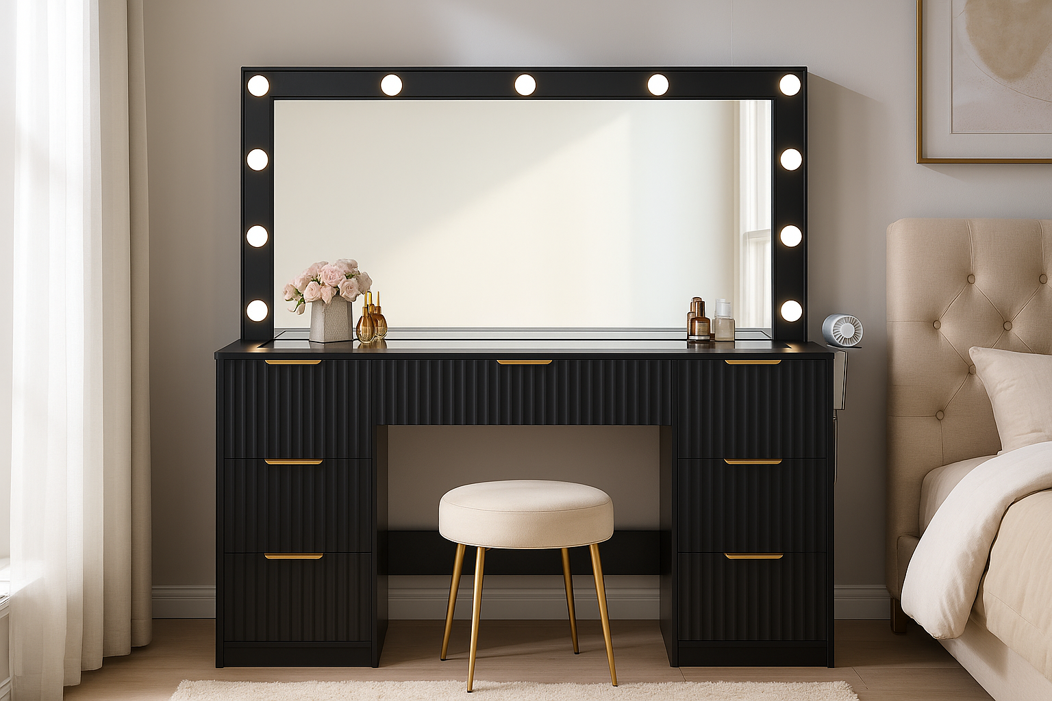 Merluxy 47.2" Girls Vanity Desk with Large Mirror and Adjustable LED Lights, 7 Drawers Makeup Table with Glass Top and Charging Station, Black