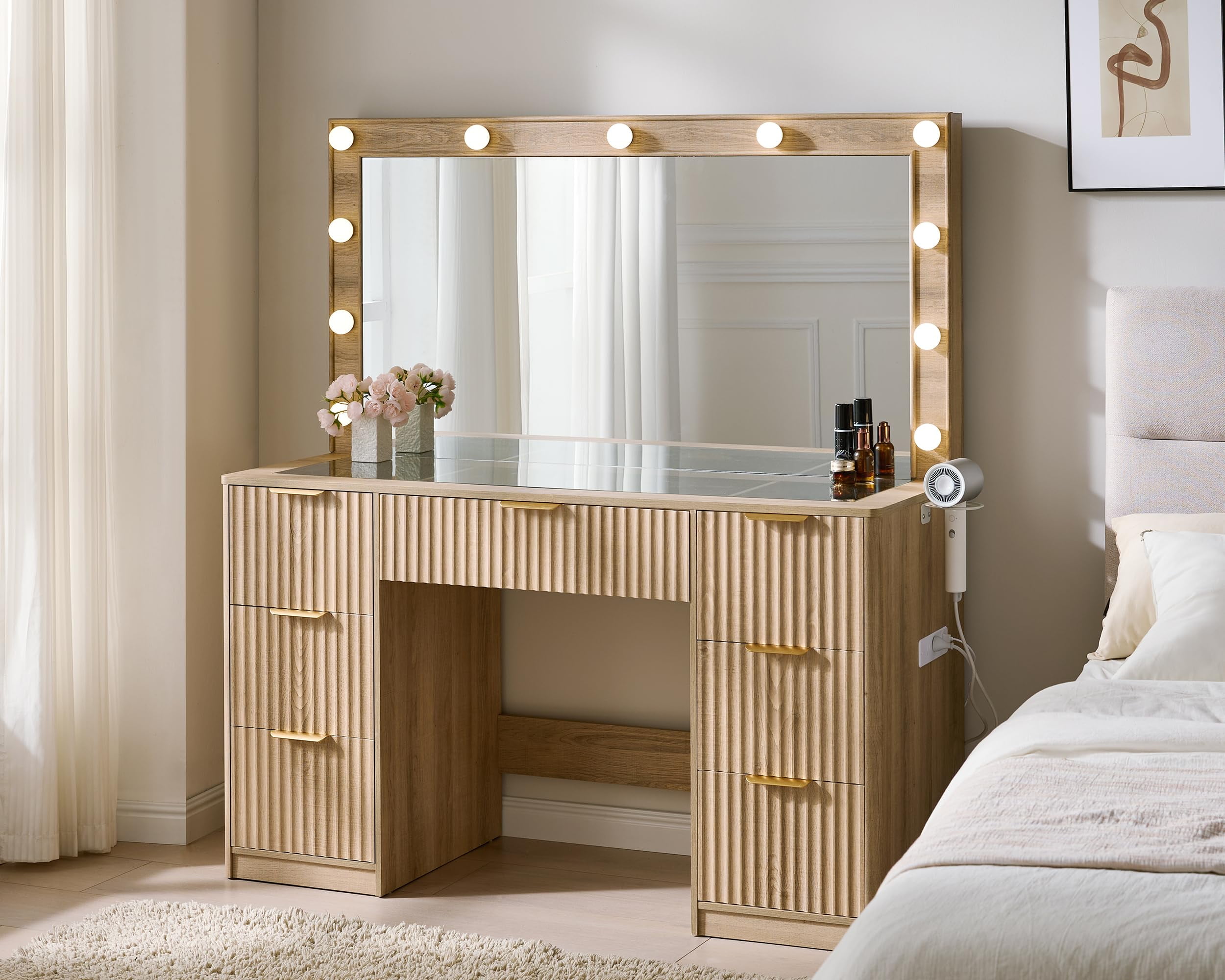Merluxy 47.2" Girls Vanity Desk with Large Mirror and Adjustable LED Lights, 7 Drawers Makeup Table with Glass Top and Charging Station, Oak