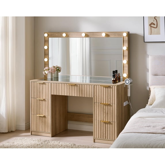 Merluxy 47.2" Girls Vanity Desk with Large Mirror and Adjustable LED Lights, 7 Drawers Makeup Table with Glass Top and Charging Station, Oak