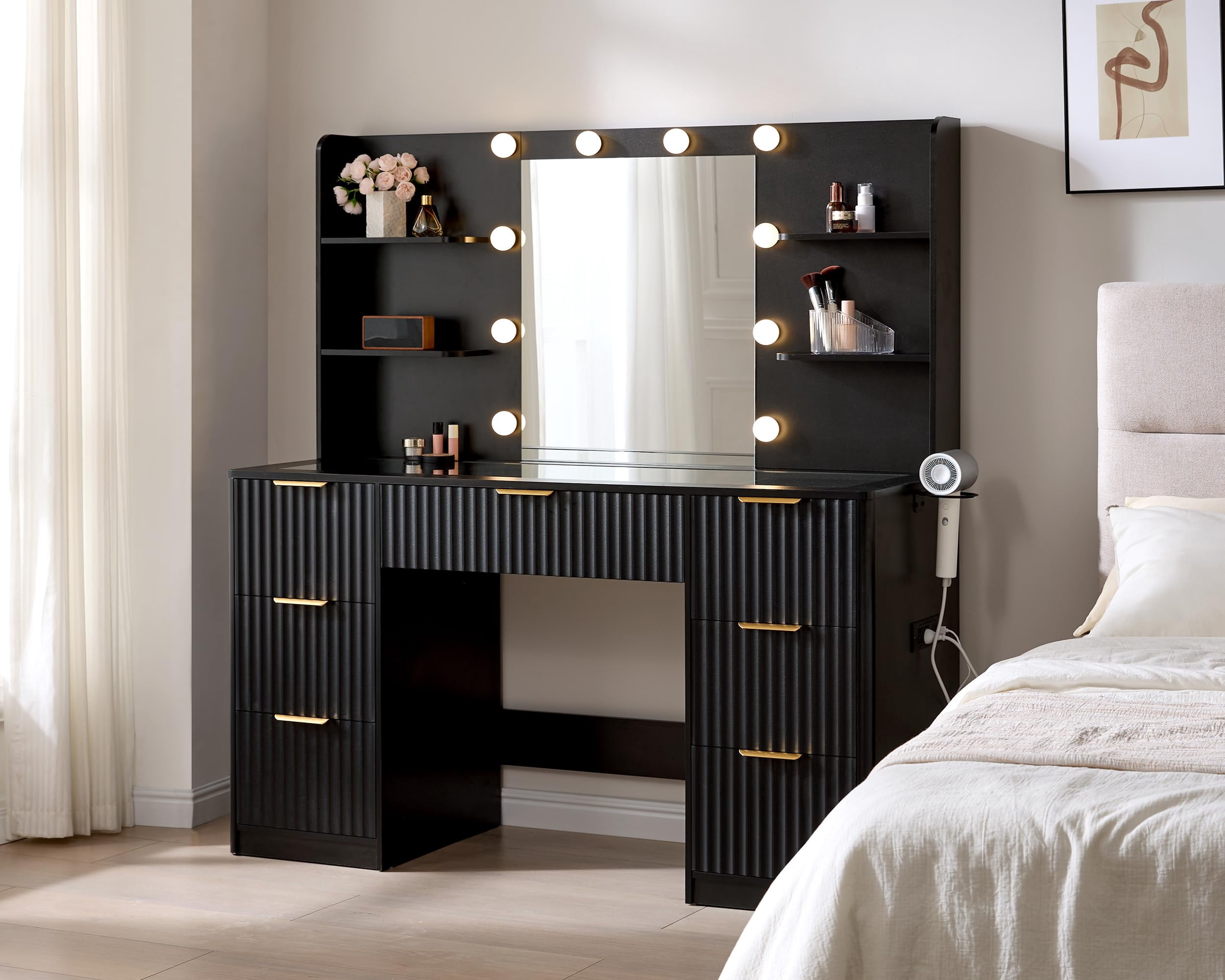 Merluxy 47.2" Girls Vanity Desk with Mirror and Adjustable LED Lights, 7 Drawers Makeup Table with Glass Top and Charging Station, Black