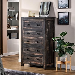 Merluxy 5 Drawers Dresser for Bedroom, Wood Tall Dresser with Vintage Gain for Adult, Dark Oak