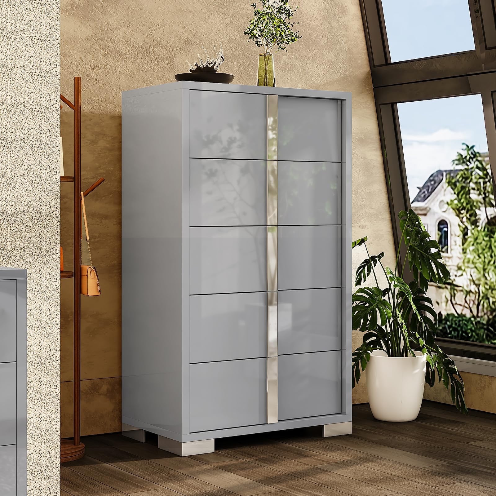 Merluxy 50.2" H Modern 5 Drawer Dresser, Glossy Surface Chest of Drawers, Large Storage Organizer for Bedroom, Living Room, Adult, Light Grey