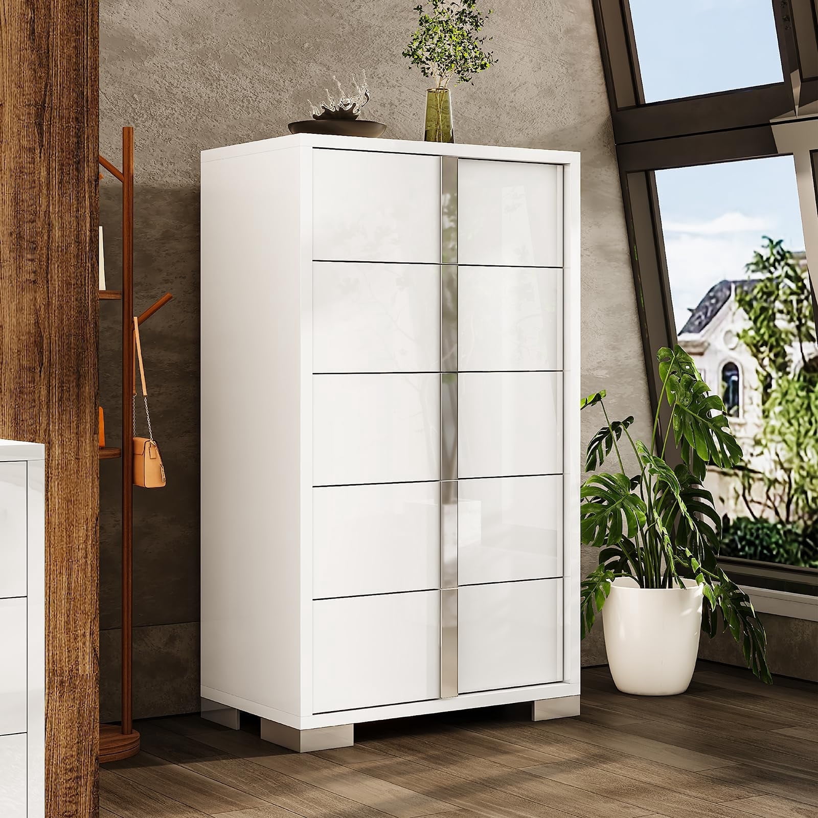 Merluxy 50.2" H Modern 5 Drawer Dresser, Glossy Surface Chest of Drawers, Large Storage Organizer for Bedroom, Living Room, Cloakroom, Adult, White
