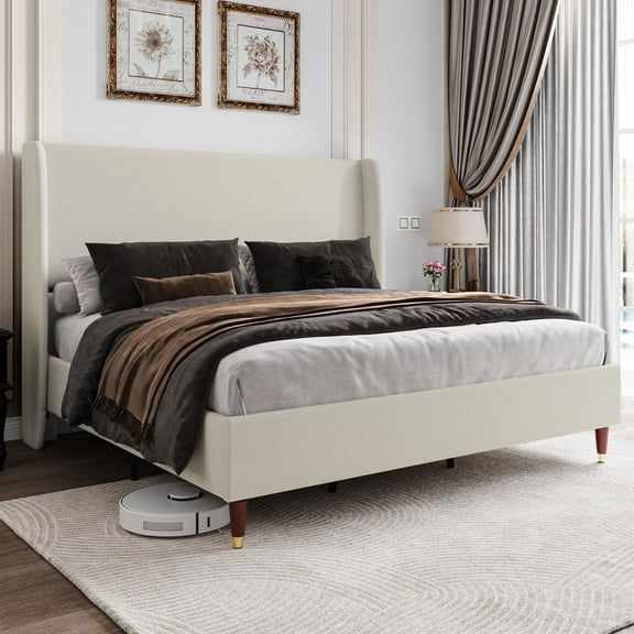 Merluxy 51.2" King Bed Frame for Adult,Upholstered Bed Frame with Wingback Headboard,Brown