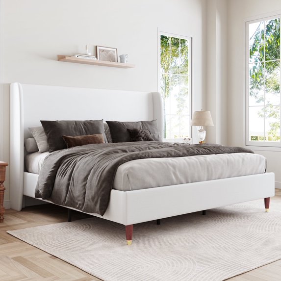 Merluxy 51.2" Queen Bed Frame with High Headboard,Upholstered,No Box Spring Required,White
