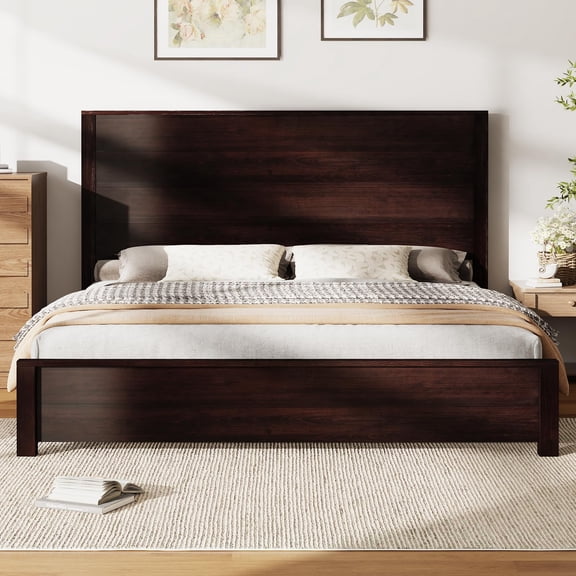 Merluxy 51.2" Tall King Size Bed Frame with Spliced Headboard, Rustic Bedframe Wood Platform, Wood Slats Support, Dark Walnut