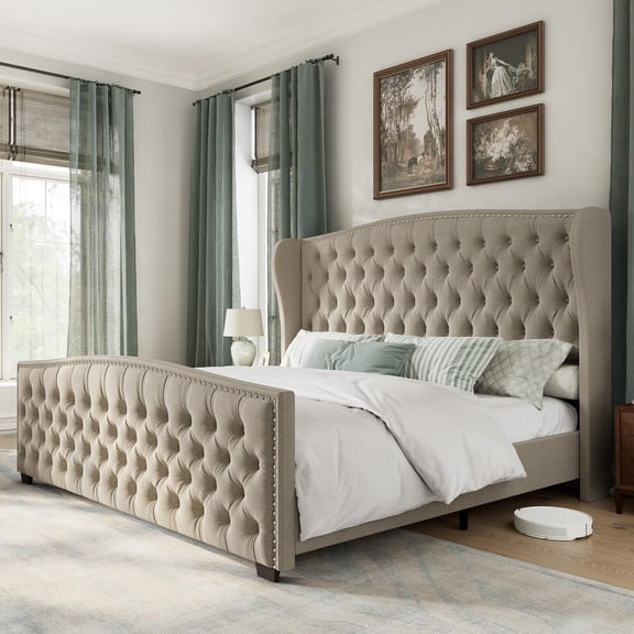 Merluxy 51"H California King Size Platform Bed Frame, Linen Upholstered Bed with Deep Button Tufted & Nailhead Trim Wingback Headboard, Beige