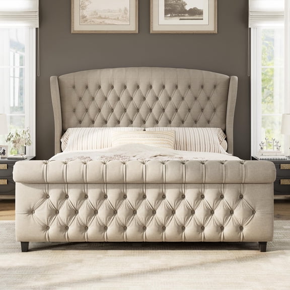 Merluxy 51"H California King Size Platform Bed Frame, Linen Upholstered Sleigh Bed with Scroll Wingback Headboard & Footboard/Button Tufted/Khaki