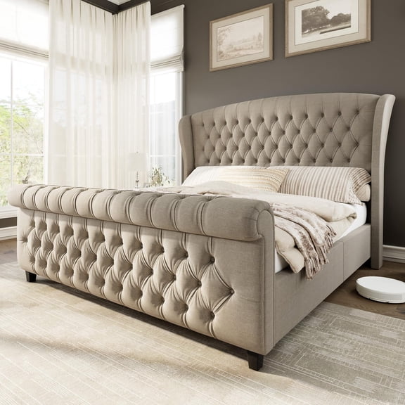 Merluxy 51"H King Size Platform Bed Frame, Linen Upholstered Sleigh Bed Frame with Scroll Wingback Headboard & Footboard/Button Tufted/Khaki