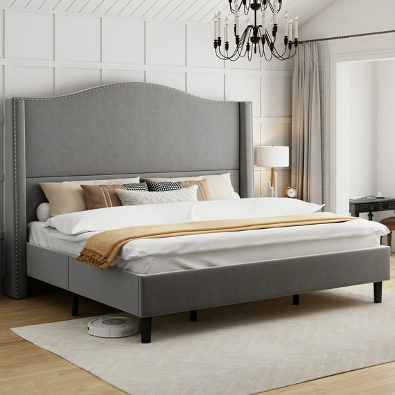 Merluxy 52.6" King Bed Frame with Camelback Headboard,Velvet Upholstered,Light Grey