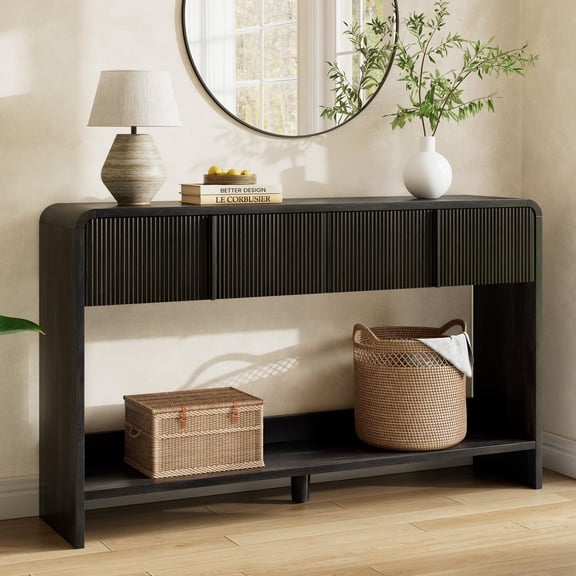 Merluxy 55" Fluted Console Table with 2 Drawers and Open Shelf, Modern Entryway Table with Rounded Edges, for Hallway, Living Room, Black