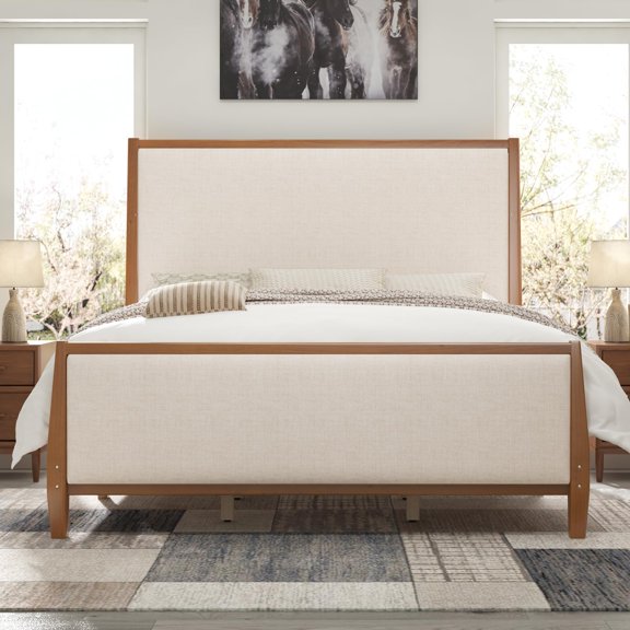 Merluxy 58" Tall Solid Wood California King Size Bed Frame with Upholstered Headboard & Footboard, No Box Spring Needed, Walnut