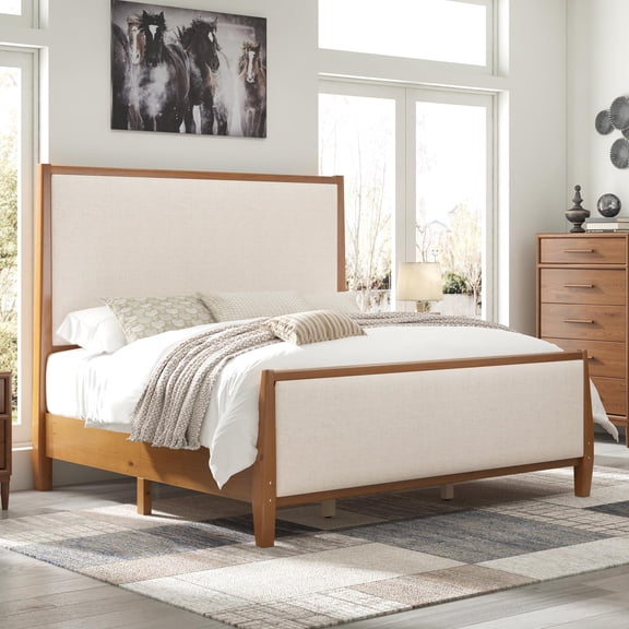 Merluxy 58" Tall Solid Wood Queen Bed Frame with Upholstered Headboard & Footboard, Wooden Platform Bedframe, No Box Spring Needed, Walnut, Linen