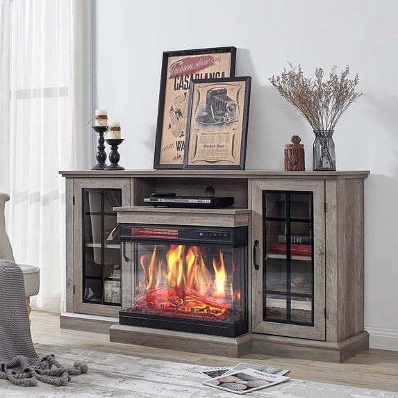 Merluxy 59in 3-Sided Glass Fireplace TV Stand for TVs up to 65", Wash Gray