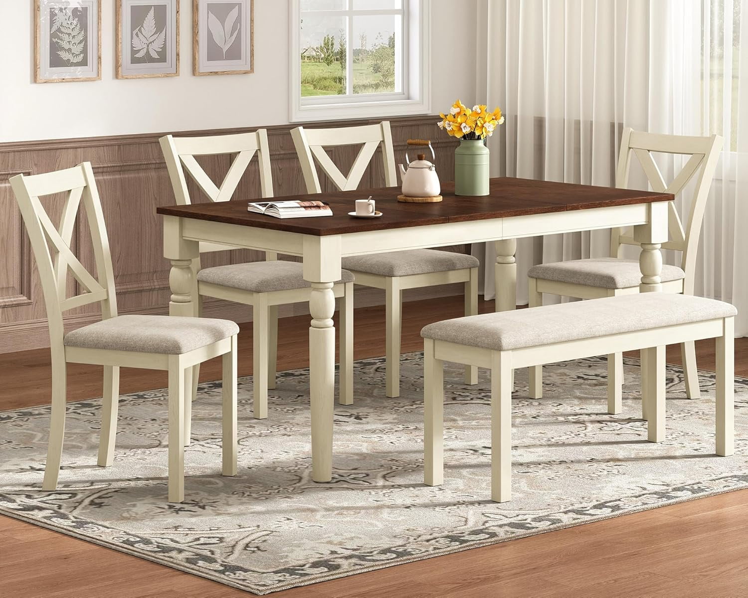 Merluxy 6 Piece 60" Solid Wood Dining Table Set, for Kitchen, Dining ...